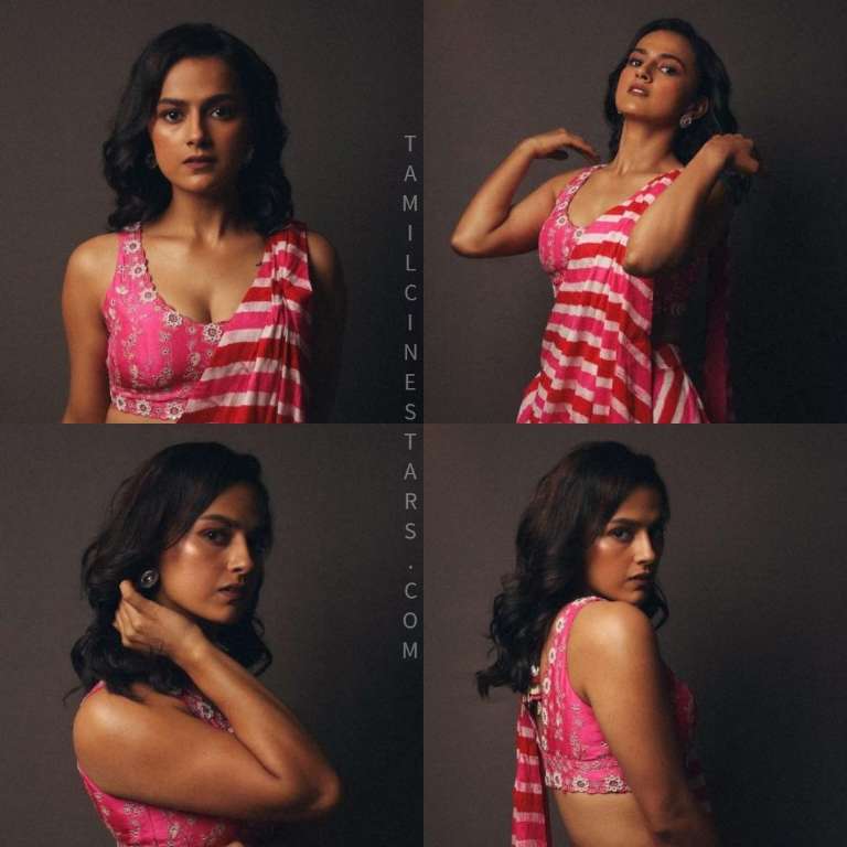 Actress Shraddha Srinath Gorgeous in Leheriya Bengali Drape Saree For Irugapatru promotions