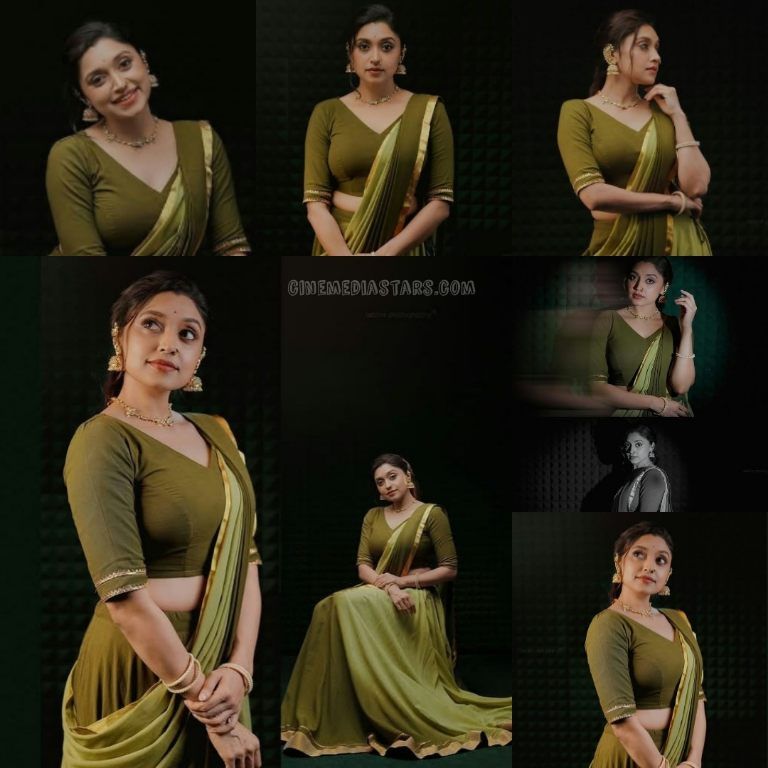Malayalam Actress Sija Rose looking graceful in Olive Green Saree